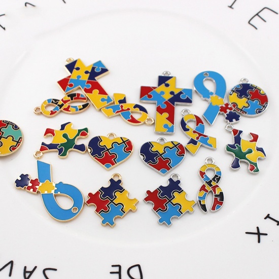 Picture of Zinc Based Alloy Medical Charms Round Multicolor Autism Awareness Jigsaw Puzzle Piece Enamel