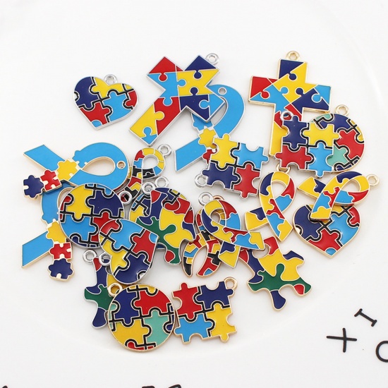 Picture of Zinc Based Alloy Medical Charms Round Multicolor Autism Awareness Jigsaw Puzzle Piece Enamel