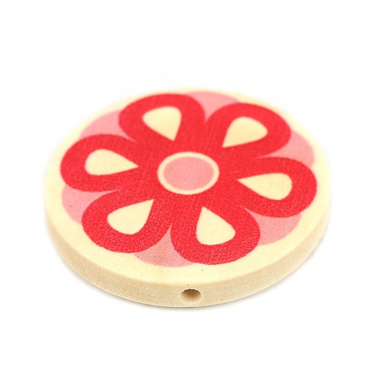 Picture of Wood Spacer Beads Flat Round Red Flower About 30mm Dia., Hole: Approx 2.2mm, 10 PCs