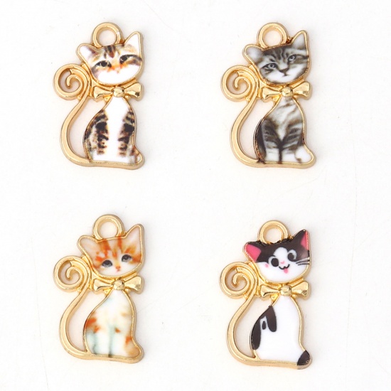 Picture of Zinc Based Alloy Charms Cat Animal Gold Plated White Enamel 21mm( 7/8") x 13mm( 4/8"), 10 PCs