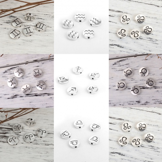 Picture of Zinc Based Alloy Spacer Beads Round Antique Silver Color Aries Sign Of Zodiac Constellations About 10mm Dia, Hole: Approx 1.3mm, 50 PCs