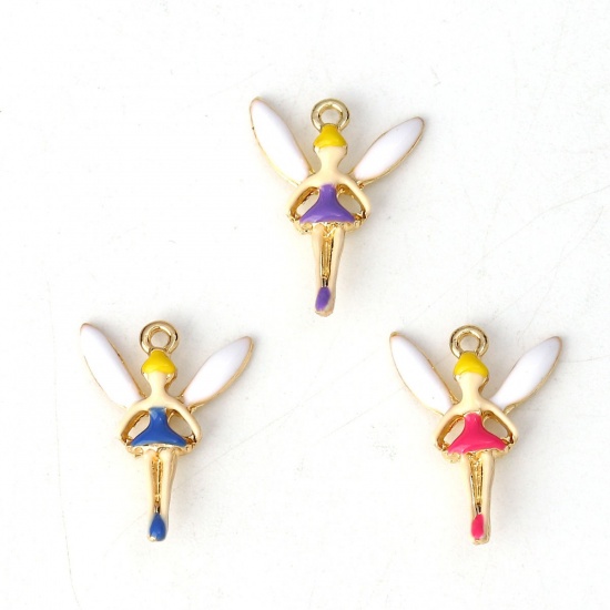 Picture of Zinc Based Alloy Charms Fairy Gold Plated Fuchsia Enamel 16mm( 5/8") x 13mm( 4/8"), 10 PCs