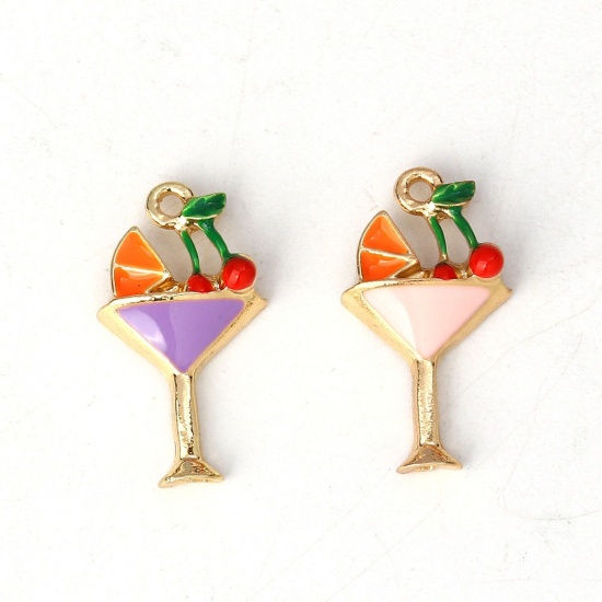 Picture of Zinc Based Alloy Charms Wine Glass Gold Plated Multicolor Cherry Enamel 19mm( 6/8") x 11mm( 3/8"), 10 PCs
