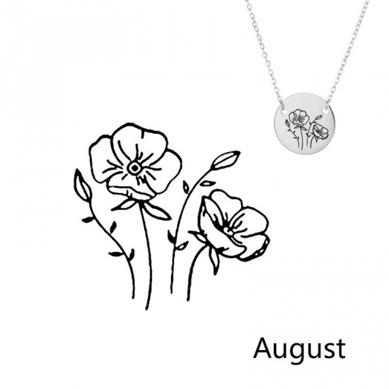 Bild von 316L Edelstahl Geburtsmonat Blume Halskette Silberfarbe August Mohnblumen 42cm lang, 1 Strang
