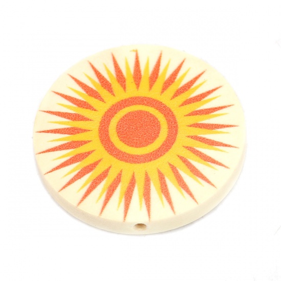 Picture of Wood Spacer Beads Flat Round Yellow Sun About 30mm Dia., Hole: Approx 2.2mm, 10 PCs