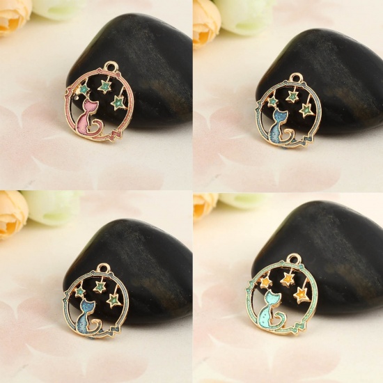 Picture of Zinc Based Alloy Charms Circle Ring Gold Plated Purple Cat Enamel Glitter 21mm( 7/8") x 19mm( 6/8"), 10 PCs