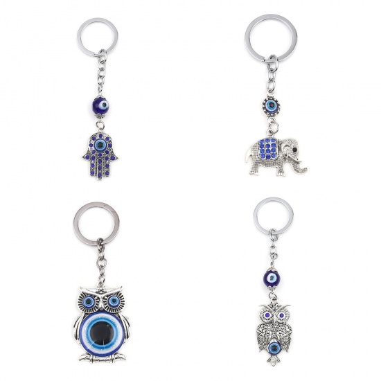 Immagine di Religione Anello Portachiavi Tono Argento Elefante Malocchio Blu Notte Strass 10.2cm x 3.7cm, 1 Pz