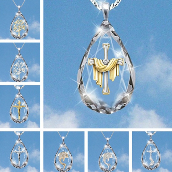 Изображение Ожерелья Серебряный Тон водяная капля Крест Прозрачный Горный Хрусталь 52см длина, 1 ШТ