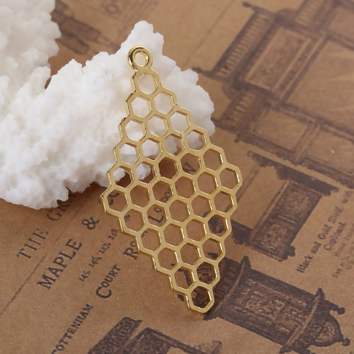Picture of Zinc Based Alloy Pendants Honeycomb Gold Plated Rhombus Hollow 37mm(1 4/8") x 21mm( 7/8"), 20 PCs