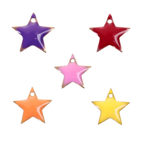 Imagen de Cobre Lentejuelas Esmaltadas Colgantes Charms Estrellas de cinco puntos Sin Chapar Rosado Esmalte 12mm x 11mm, 10 Unidades