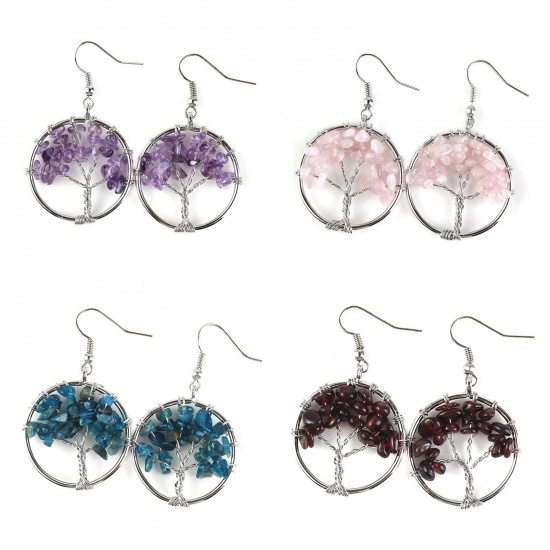 Picture of Opal ( Synthetic ) Earrings Silver Tone Ivory Round Tree 30mm x 30mm, 1 Pair