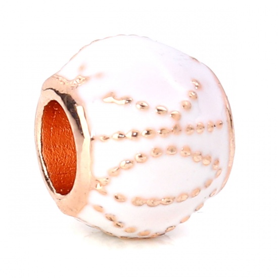 Picture of Zinc Based Alloy European Style Large Hole Charm Beads Round Silver Tone Dot Pink Enamel About 11mm( 3/8") Dia, Hole: Approx 5.2mm, 5 PCs