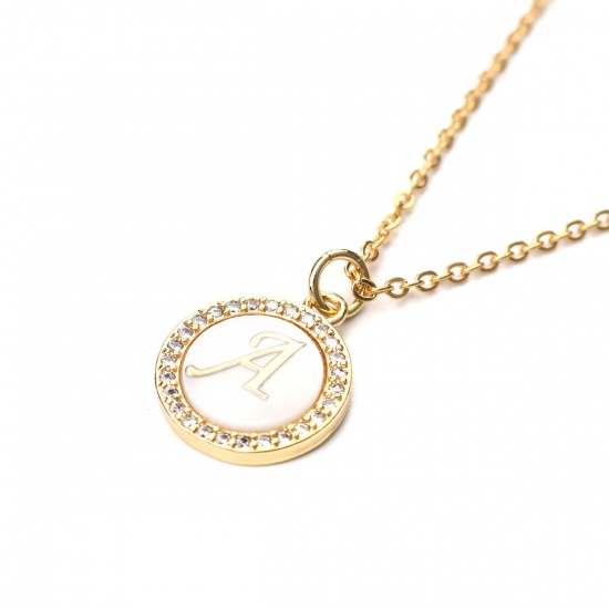 Picture of Stainless Steel & Shell Necklace Gold Plated Round Initial Alphabet/ Capital Letter Message " Z " Clear Cubic Zirconia 45cm(17 6/8") long, 1 Piece