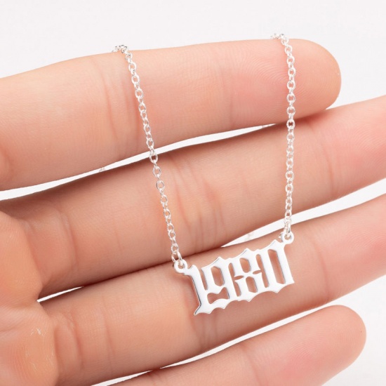 Picture of Stainless Steel Year Necklace Silver Tone Number Message " 2002 " 45cm(17 6/8") long, 1 Piece