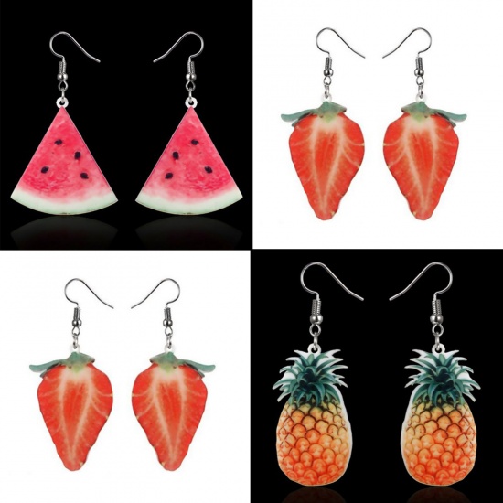 Picture of Acrylic Earrings Silver Tone Red & Green Watermelon Fruit 60mm(2 3/8") x 35mm(1 3/8"), Post/ Wire Size: (21 gauge), 1 Pair