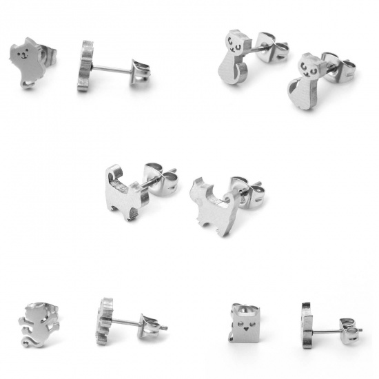 Picture of 304 Stainless Steel Pet Memorial Ear Post Stud Earrings Silver Tone Cat Animal Paw Claw 8mm x 8mm, Post/ Wire Size: (21 gauge), 1 Pair