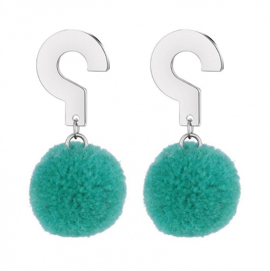 Picture of Polyester Earrings Black Pom Pom Ball Question Mark 42mm x 20mm, 1 Pair