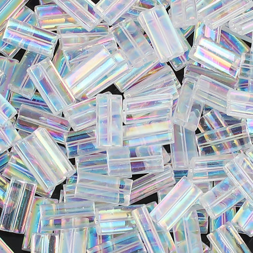 Picture of (Japan Import) Glass Oblong Seed Beads Rectangle Blue Luster AB Color About 9mm x 4mm, Hole: Approx 0.6mm, 5 Grams (Approx 6 PCs/Gram)