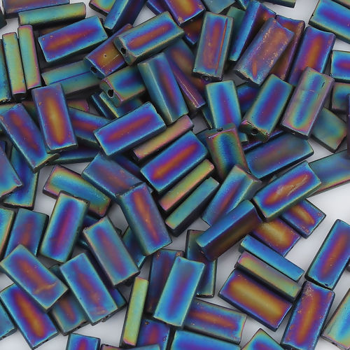 Picture of (Japan Import) Glass Oblong Seed Beads Rectangle White AB Rainbow Color Frosted About 9mm x 4mm, Hole: Approx 0.6mm, 10 Grams (Approx 6 PCs/Gram)