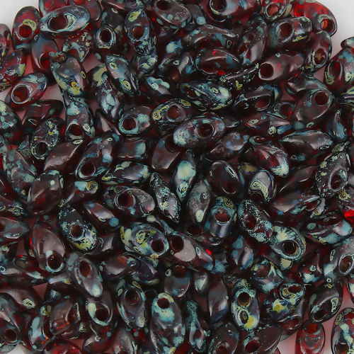 Picture of (Japan Import) Glass Picasso Coated Long Magatama Seed Beads Wine Red Smoked About 8mm x 4mm - 7mm x 4mm, Hole: Approx 1.3mm, 10 Grams (Approx 8 PCs/Gram)
