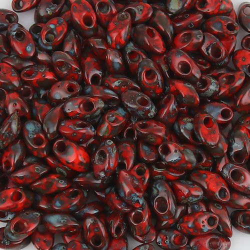 Picture of (Japan Import) Glass Picasso Coated Long Magatama Seed Beads Red Luster Opaque About 8mm x 4mm - 7mm x 4mm, Hole: Approx 1.3mm, 10 Grams (Approx 8 PCs/Gram)