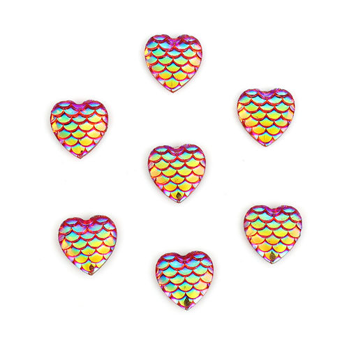 Picture of Resin Mermaid Fish/ Dragon Scale Dome Seals Cabochon Heart Silver 12mm( 4/8") x 12mm( 4/8"), 100 PCs