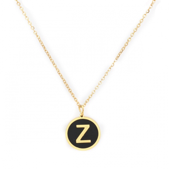 Picture of 316 Stainless Steel Necklace Gold Plated Black Round Initial Alphabet/ Capital Letter Message " A " Enamel 45cm(17 6/8") long, 1 Piece