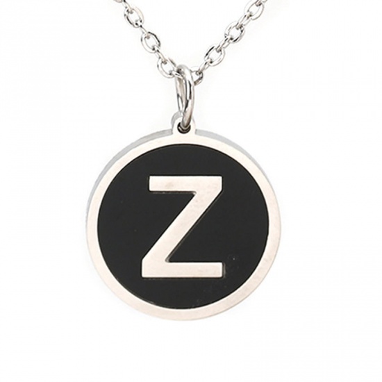 Picture of 304 Stainless Steel Necklace Silver Tone Black Round Initial Alphabet/ Capital Letter Message " A " Enamel 44.5cm(17 4/8") long, 1 Piece