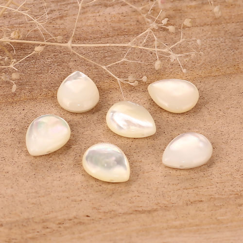 Picture of Natural Shell Loose Beads Drop Creamy-White AB Color About 10mm x 8mm, Hole:Approx 0.4mm, 2 PCs