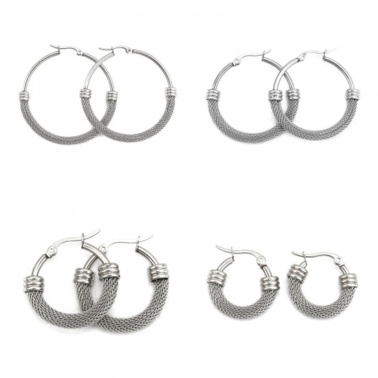 Picture of 304 Stainless Steel Hoop Earrings Silver Tone Round 22mm( 7/8") x 22mm( 7/8"), Post/ Wire Size: (18 gauge), 1 Pair