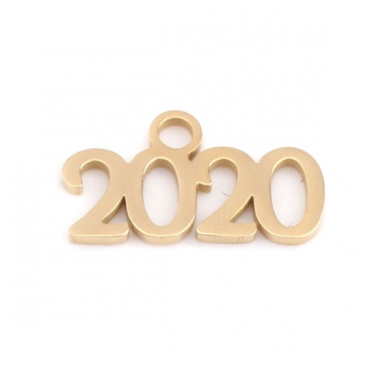 304ステンレス鋼 年 チャーム 数 金メッキ 文字" 2020 " 20mm x 11mm、 1 個 の画像