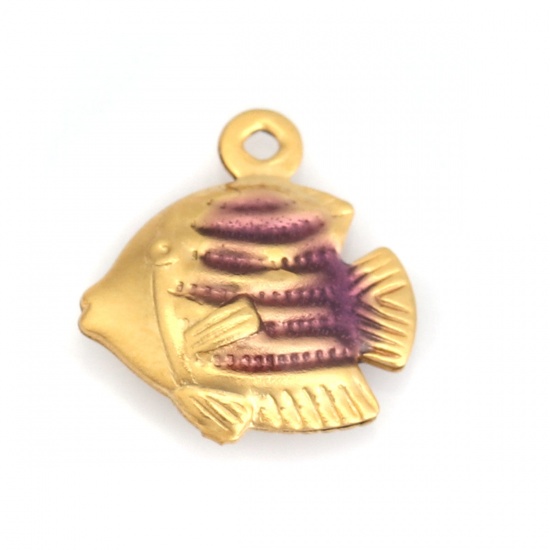Immagine di 304 Acciaio Inossidabile Gioielli Oceanici Charms Pesci tropicali Oro Placcato Colore Viola Smalto 13mm x 12mm, 10 Pz