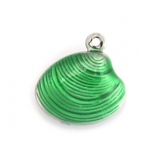 Picture of 304 Stainless Steel Charms Shell Silver Tone Green Enamel 14mm x 13mm, 10 PCs