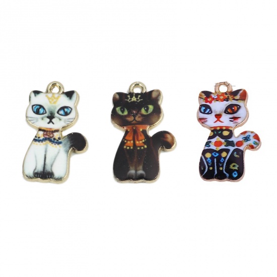 Picture of Zinc Based Alloy Charms Cat Animal Gold Plated Black & White Enamel 23mm( 7/8") x 14mm( 4/8"), 10 PCs