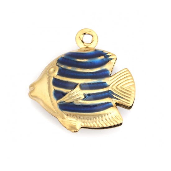 Picture of 304 Stainless Steel Ocean Jewelry Charms Tropical Fish Gold Plated Blue Enamel 18mm x 17mm, 10 PCs