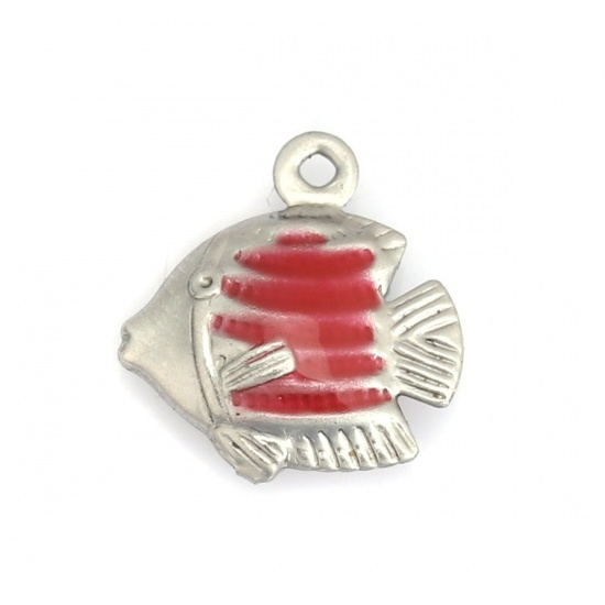 Picture of 304 Stainless Steel Ocean Jewelry Charms Tropical Fish Silver Tone Red Enamel 13mm x 12mm, 10 PCs