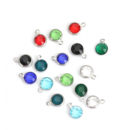 Picture of 304 Stainless Steel & Glass Charms Round Silver Tone At Random Faceted 12mm x 9mm, 10 PCs