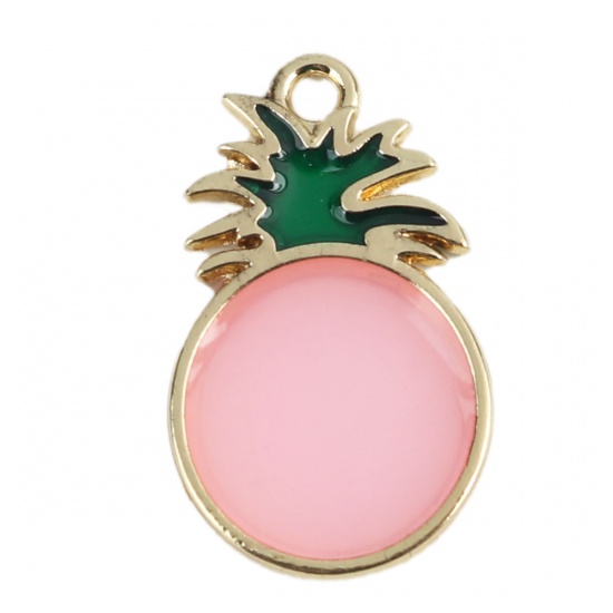 Picture of Zinc Based Alloy Charms Pineapple/ Ananas Fruit Gold Plated Green Enamel 25mm x 15mm, 10 PCs