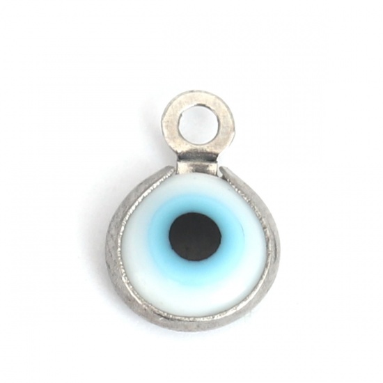 Picture of 304 Stainless Steel Charms Round Silver Tone Black & White Evil Eye With Resin Cabochons 9mm x 7mm, 10 PCs
