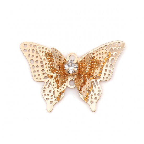 Image de Breloques Estampe en Filigrane en Laiton Papillon Doré à Strass Transparent 25mm x 17mm, 5 Pcs