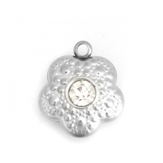 Picture of 304 Stainless Steel Charms Flower Silver Tone Clear Rhinestone 15mm x 13mm, 5 PCs