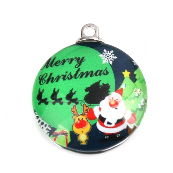 Picture of Glass Pendants Round Christmas Reindeer Silver Tone Multicolor 30mm x 25mm, 5 PCs