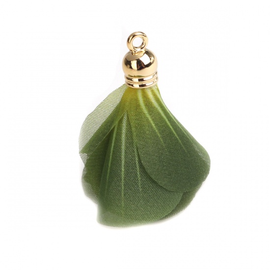 Picture of Gauze Tassel Pendants Flower Gold Plated Army Green 4.5cm x 3.8cm, 10 PCs
