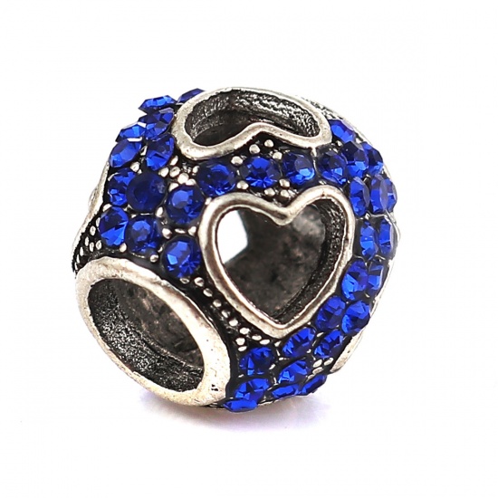 Picture of Zinc Based Alloy European Style Large Hole Charm Beads Round Antique Silver Heart Blue Rhinestone About 11mm( 3/8") Dia, Hole: Approx 5mm, 3 PCs