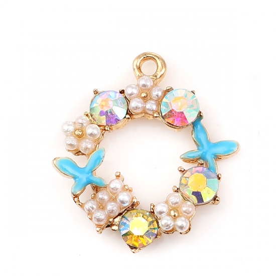 Picture of Zinc Based Alloy Enamel Charms Circle Ring Gold Plated Light Pink Butterfly AB Color Rhinestone Acrylic Imitation Pearl 21mm x19mm( 7/8" x 6/8") - 20mm x19mm( 6/8" x 6/8"), 5 PCs