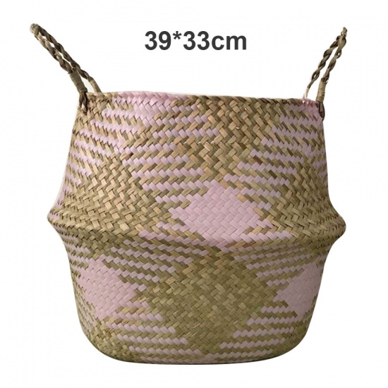 Picture of Pink - Checkered Seagrass Storage Baskets laundry Wicker Flower Toy Basket Organizer 39cm x 33cm