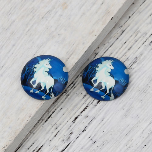 Picture of Glass Dome Seals Cabochon Round Flatback White & Blue Horse Pattern 20mm( 6/8") Dia, 30 PCs