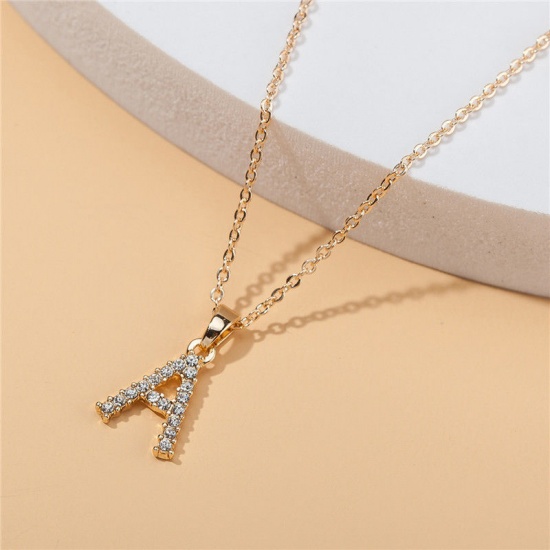 Picture of Necklace Gold Plated Capital Alphabet/ Letter Message " Z " Clear Rhinestone 40cm(15 6/8") long, 1 Piece