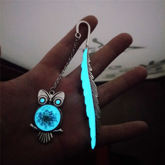 Picture of Halloween Bookmark Feather Antique Silver Color Glow In The Dark Luminous Owl 11.5cm, 1 Piece