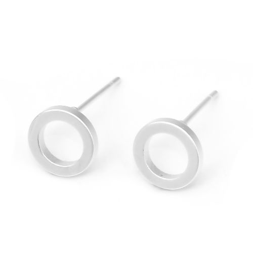 Picture of Brass Ear Post Stud Earrings Matt Silver Color Circle Ring 8mm( 3/8") Dia., Post/ Wire Size: (21 gauge), 10 PCs                                                                                                                                               